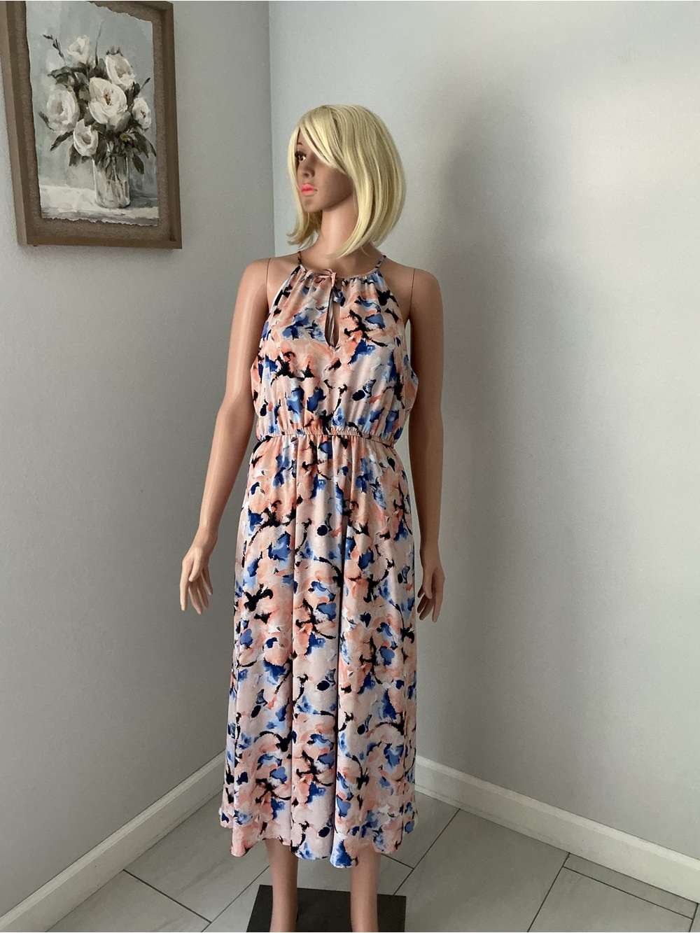 Women's Pink Floral Halter Midi Dress